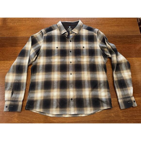 Large Kuhl Button Up Long Sleeve Brown Plaid Shirt Winter Flannel - Picture 2 of 11